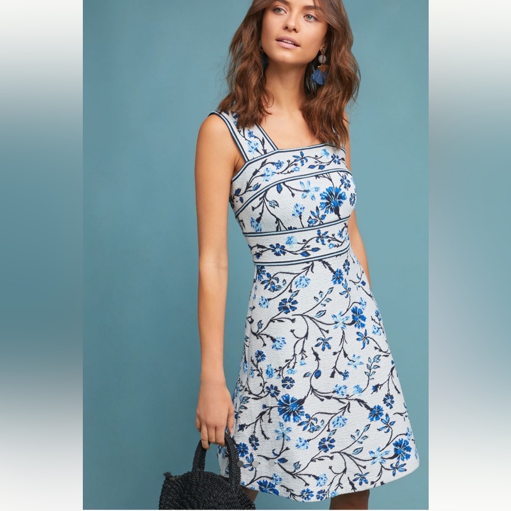 Anthropologie Blue and White A-Line Mini Dress Sleeveless Square Neck